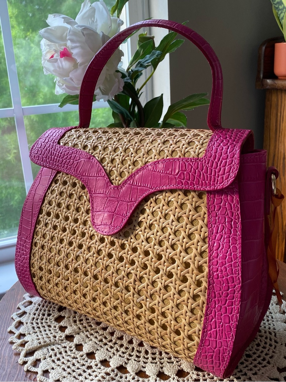 Maria Antonietta Leather Rattan Woven Top-Handle Bag with Shoulder Strap. NEW